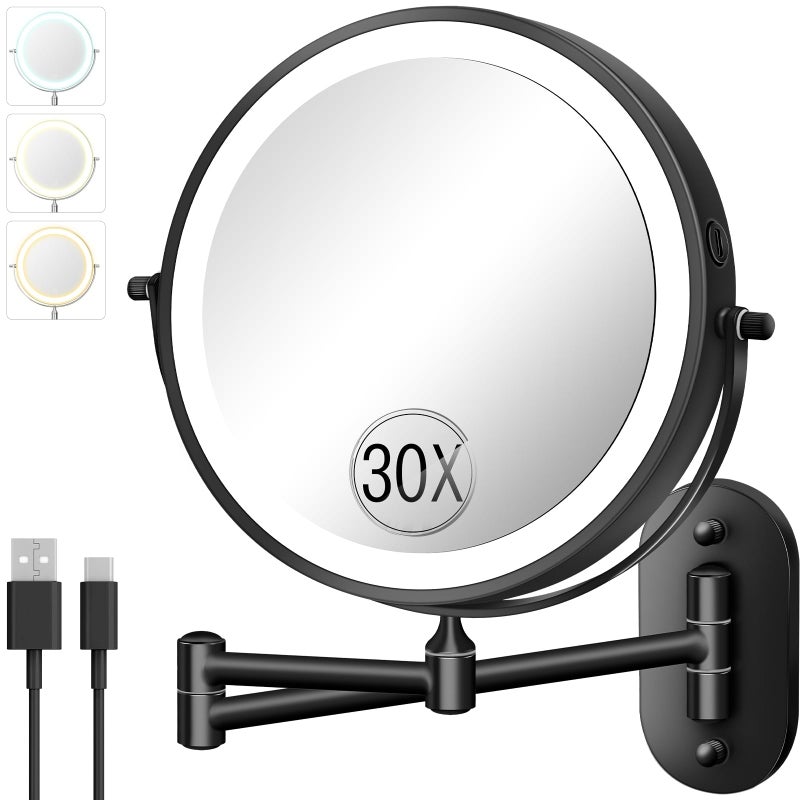 30X1X Wall Mounted Lighted Makeup Mirror 8 Double Sided Rechargeable Magnifying Bathroom Mirror with Light 3 Color Lights Touch Dimmable Extended Arm 360 Rotation Light up Mirrors